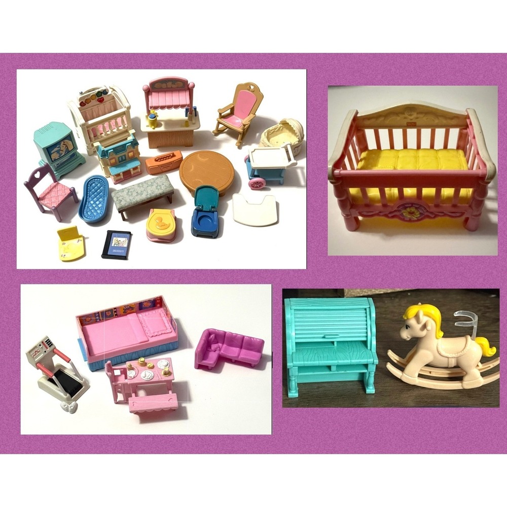 Vintage Fisher Price Loving Family Sweet Streets Dollhouse Furniture Nursery Lot
